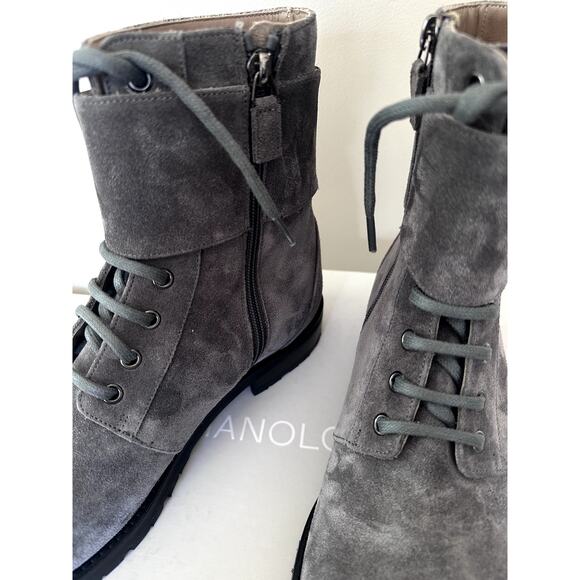 Manolo Blahnik Men Boots Fullis in Gray Lace Up Leather UK 8 Made in Italy NEW - Picture 2 of 10